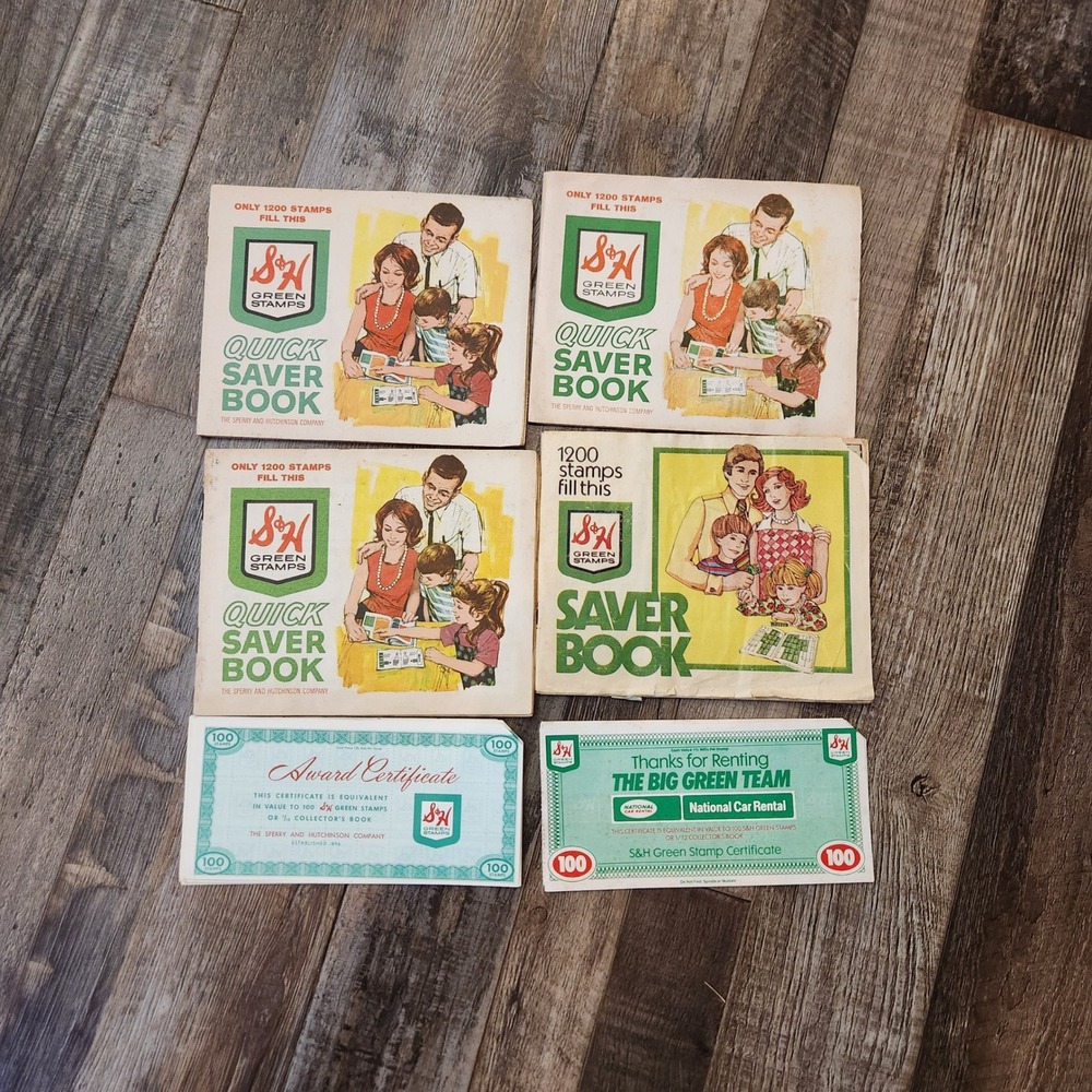 Vintage S&H Green Stamps Lot 4 Quick Saver Books and 100-Stamp Certificates